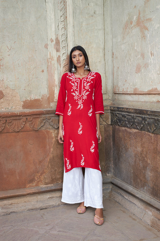 Rangreza Ethnic Saundarya Rayon Kurta Red | Grocsy