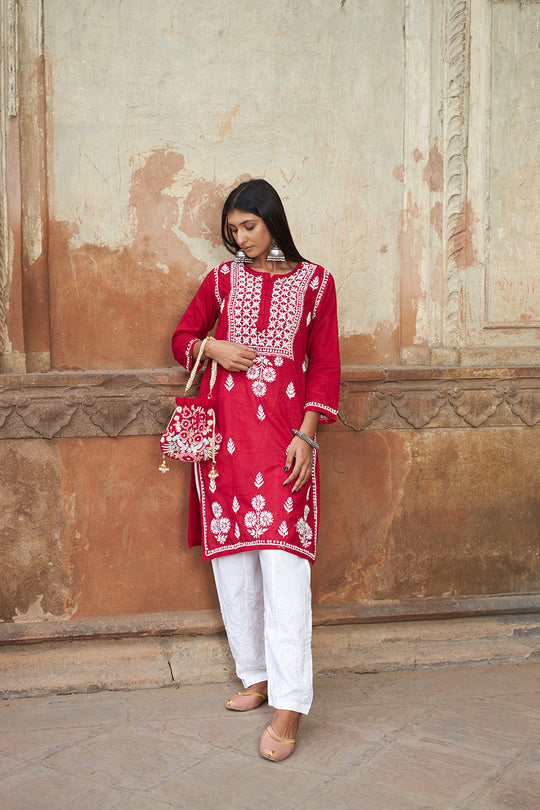 Rangreza Ethnic Alifa Cotton Kurta Maroon | Grocsy