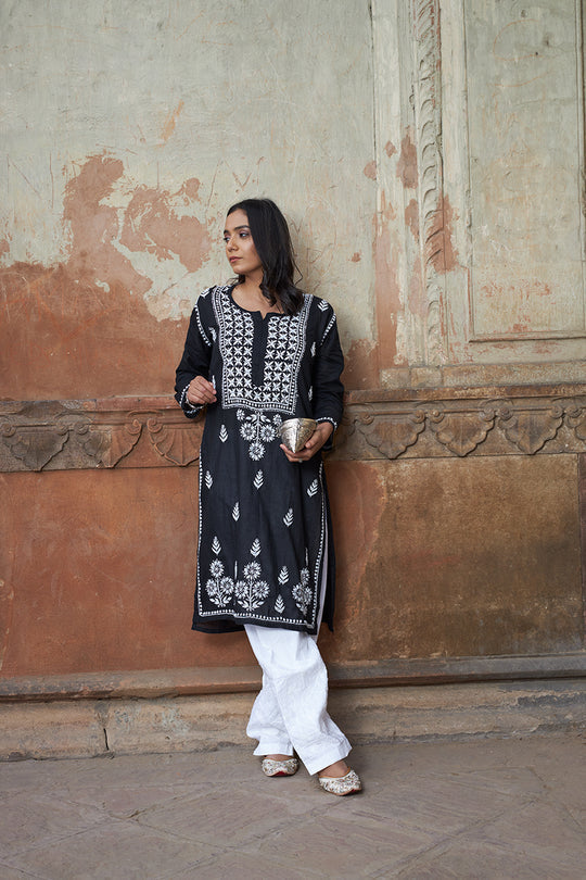 Rangreza Ethnic Alifa Cotton Kurta Black | Grocsy