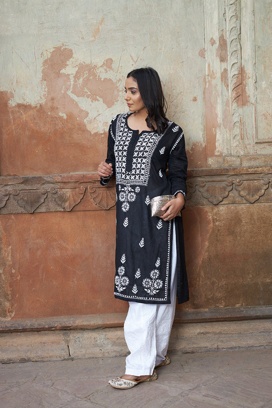 Rangreza Ethnic Alifa Cotton Kurta Black | Grocsy