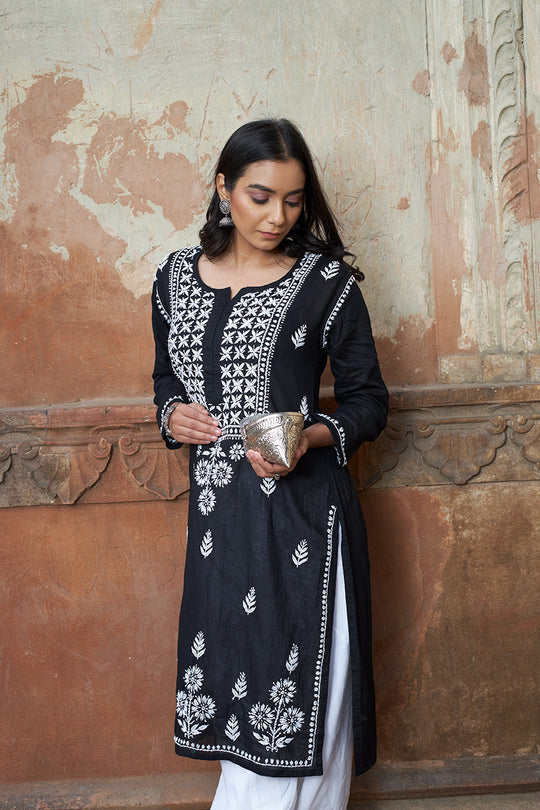 Rangreza Ethnic Alifa Cotton Kurta Black | Grocsy