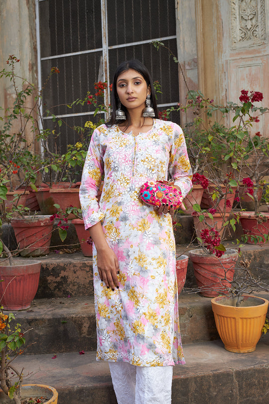 Rangreza Ethnic Leela Mulmul Chikankari Kurta Yellow | Grocsy