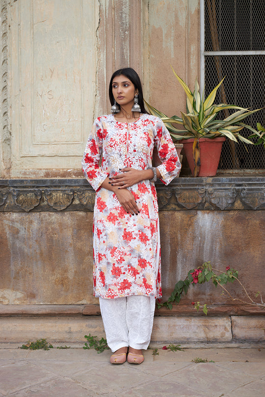 Rangreza Ethnic Leela Mulmul Chikankari Kurta Red | Grocsy