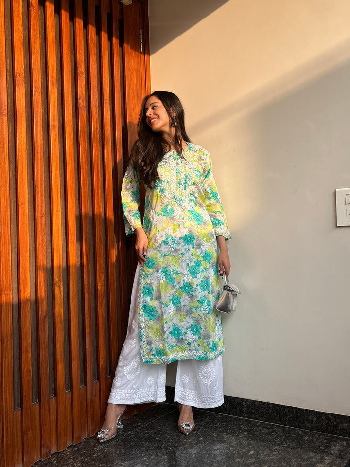 Rangreza Ethnic Leela Mulmul Chikankari Kurta Green | Grocsy