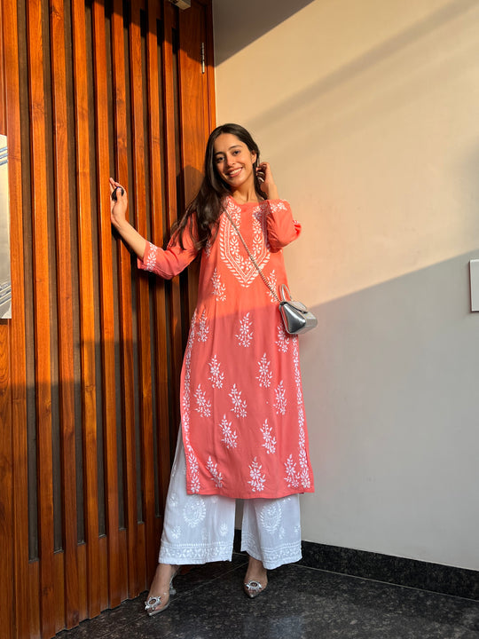 Rangreza Ethnic Liya Chikankari Rayon Kurta Peach | Grocsy