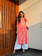 Rangreza Ethnic Liya Chikankari Rayon Kurta Peach | Grocsy