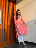 Rangreza Ethnic Liya Chikankari Rayon Kurta Peach | Grocsy
