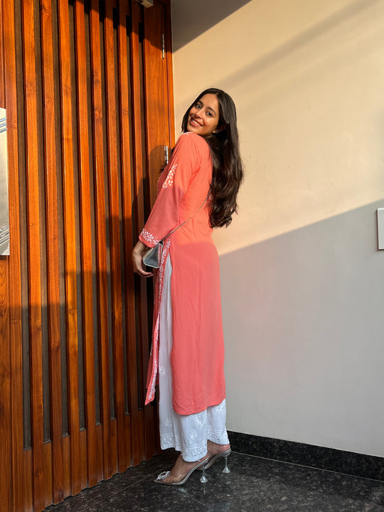 Rangreza Ethnic Liya Chikankari Rayon Kurta Peach | Grocsy