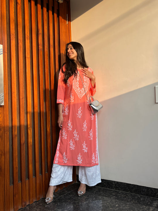 Rangreza Ethnic Liya Chikankari Rayon Kurta Peach | Grocsy