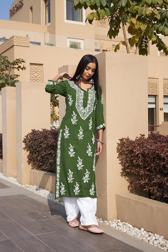 Rangreza Ethnic Liya Chikankari Rayon Kurta Green | Grocsy
