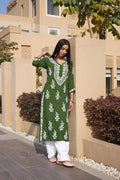 Rangreza Ethnic Liya Chikankari Rayon Kurta Green | Grocsy