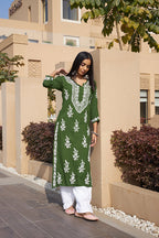 Rangreza Ethnic Liya Chikankari Rayon Kurta Green | Grocsy