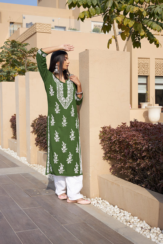 Rangreza Ethnic Liya Chikankari Rayon Kurta Green | Grocsy