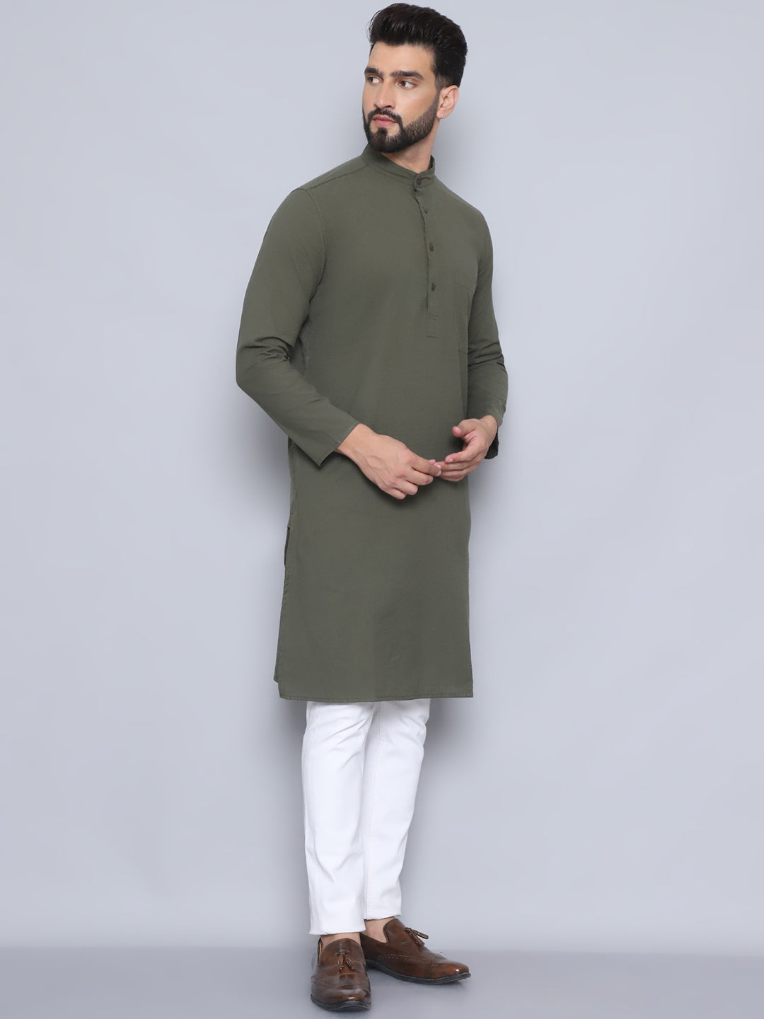 Even Apparels Men's Pure Cotton Green Kurta | Grocsy