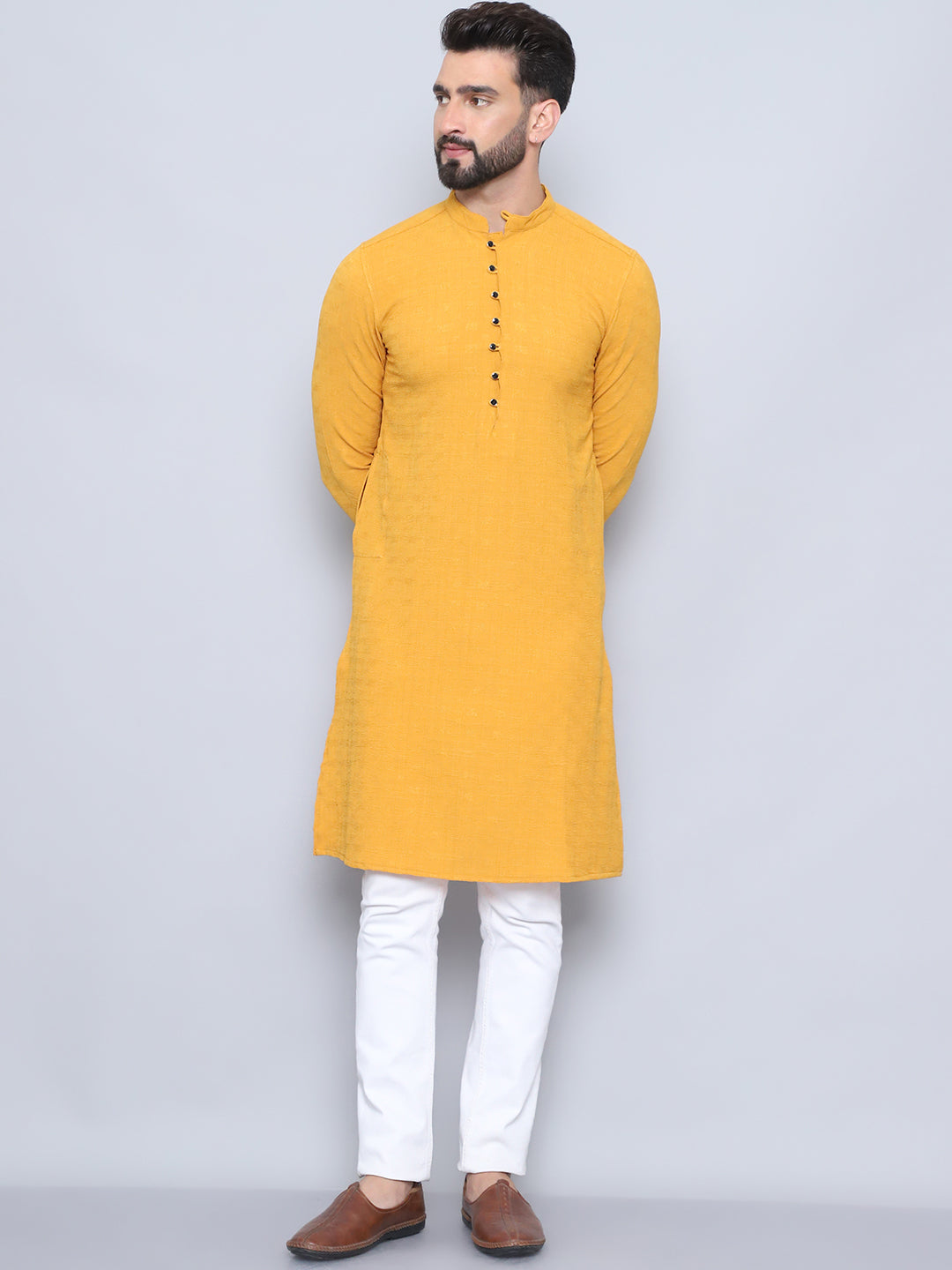 Even Apparels Men's Loop Button Yellow Kurta | Grocsy