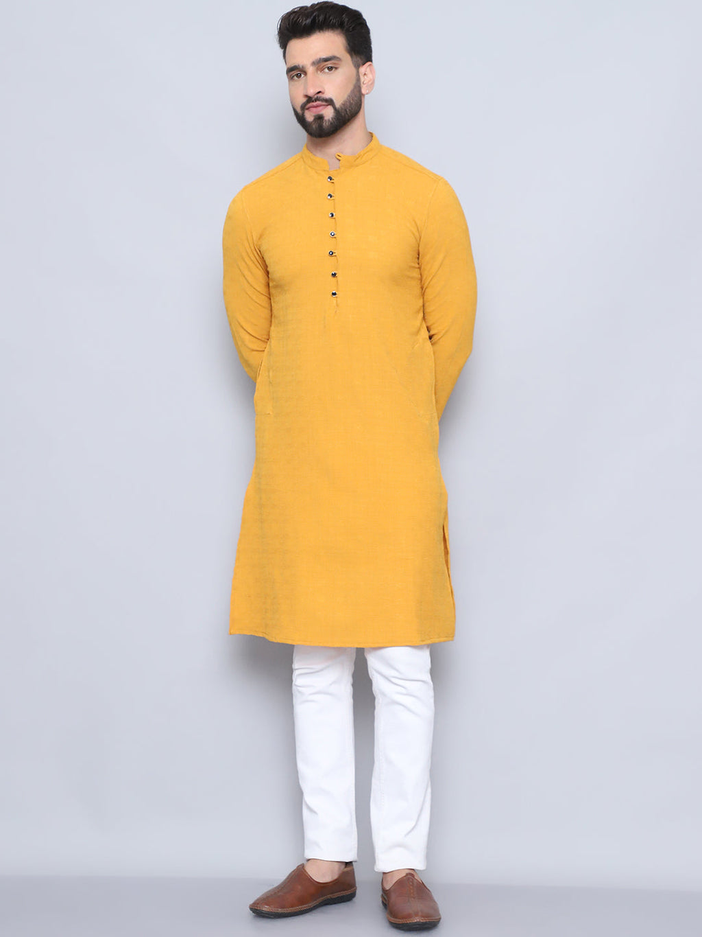 Even Apparels Men's Loop Button Yellow Kurta | Grocsy