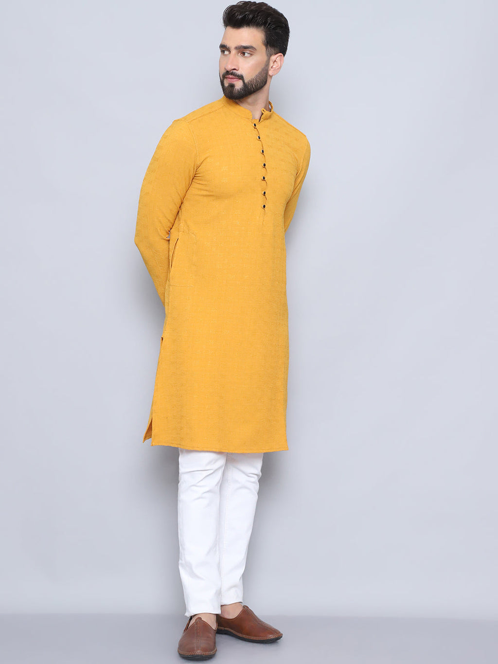Even Apparels Men's Loop Button Yellow Kurta | Grocsy