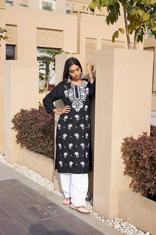 Rangreza Ethnic Chikankari Rayon Kurta Black | Grocsy