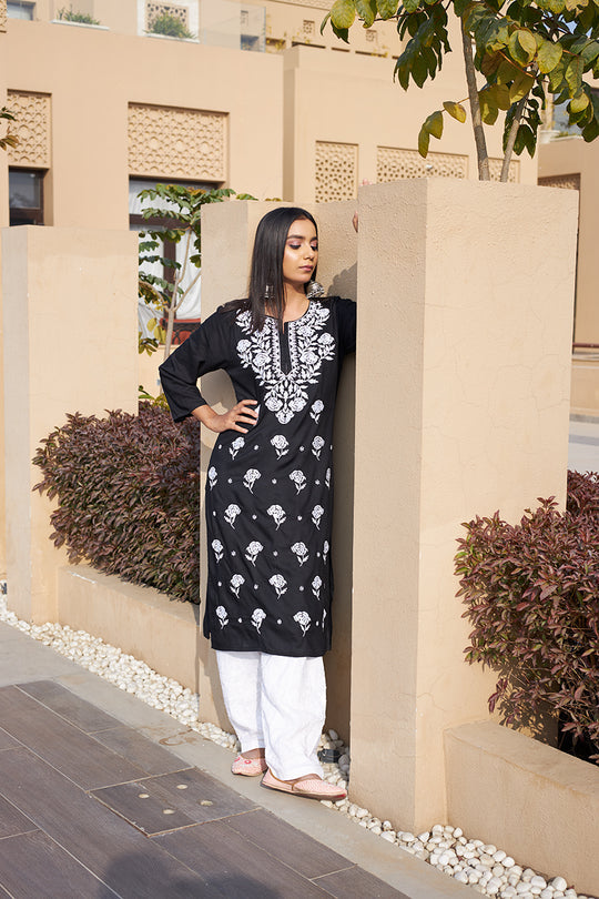 Rangreza Ethnic Chikankari Rayon Kurta Black | Grocsy