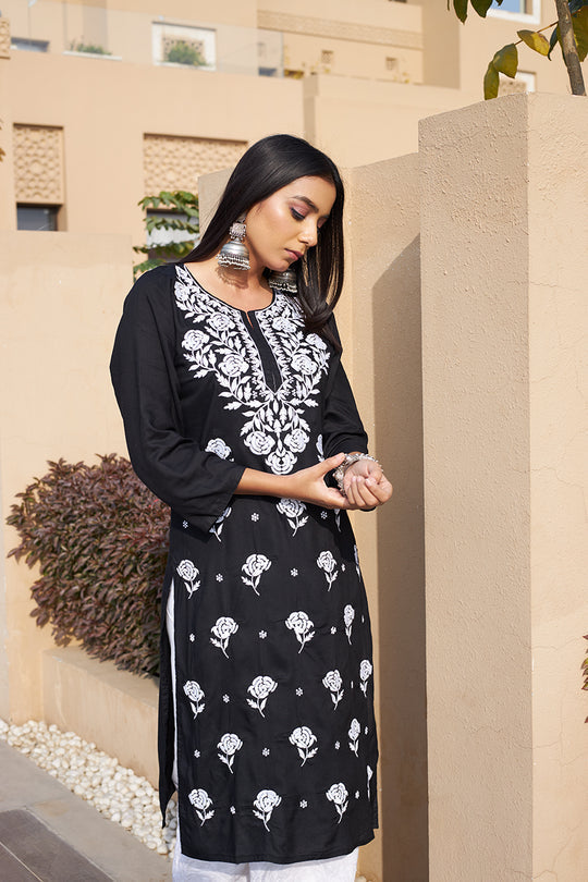Rangreza Ethnic Chikankari Rayon Kurta Black | Grocsy