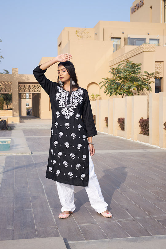 Rangreza Ethnic Chikankari Rayon Kurta Black | Grocsy