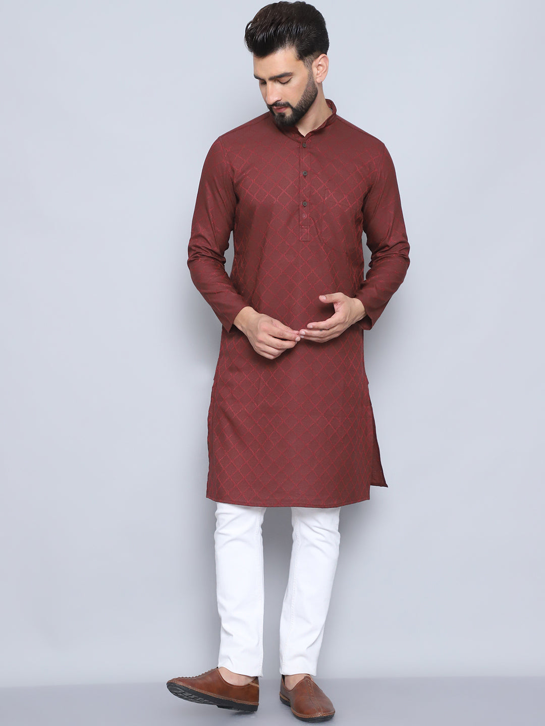 Even Apparels Men's Pure Cotton Maroon Kurta | Grocsy