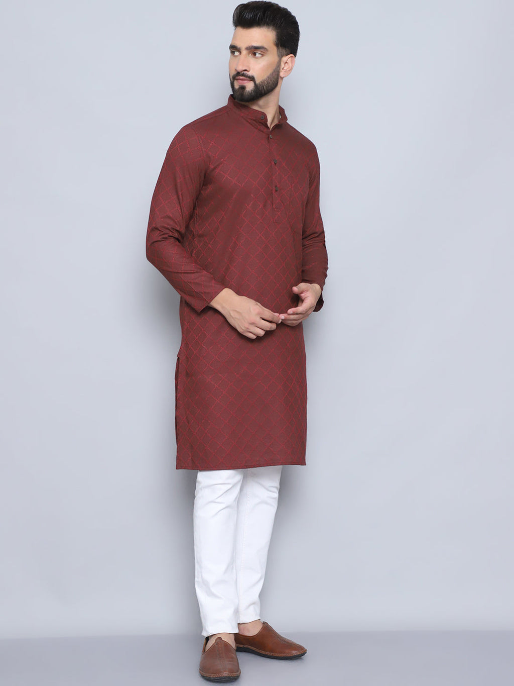 Even Apparels Men's Pure Cotton Maroon Kurta | Grocsy