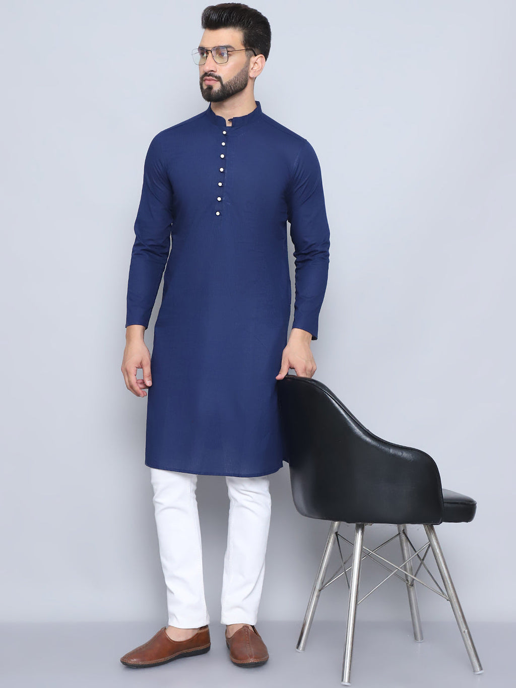 Even Apparels Men's Pure Cotton Blue Kurta | Grocsy