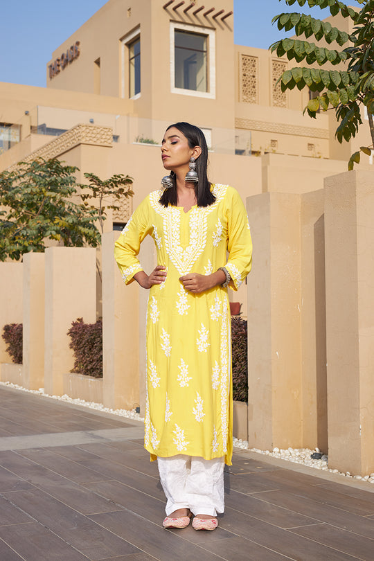 Rangreza Ethnic Liya Chikankari Rayon Kurta Yellow | Grocsy