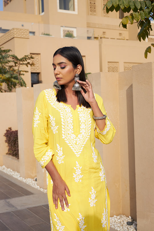 Rangreza Ethnic Liya Chikankari Rayon Kurta Yellow | Grocsy