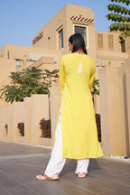 Rangreza Ethnic Liya Chikankari Rayon Kurta Yellow | Grocsy