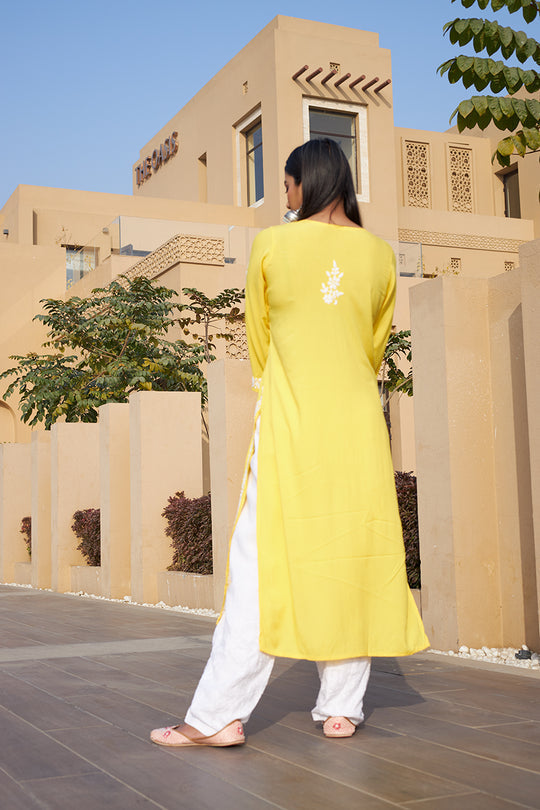 Rangreza Ethnic Liya Chikankari Rayon Kurta Yellow | Grocsy