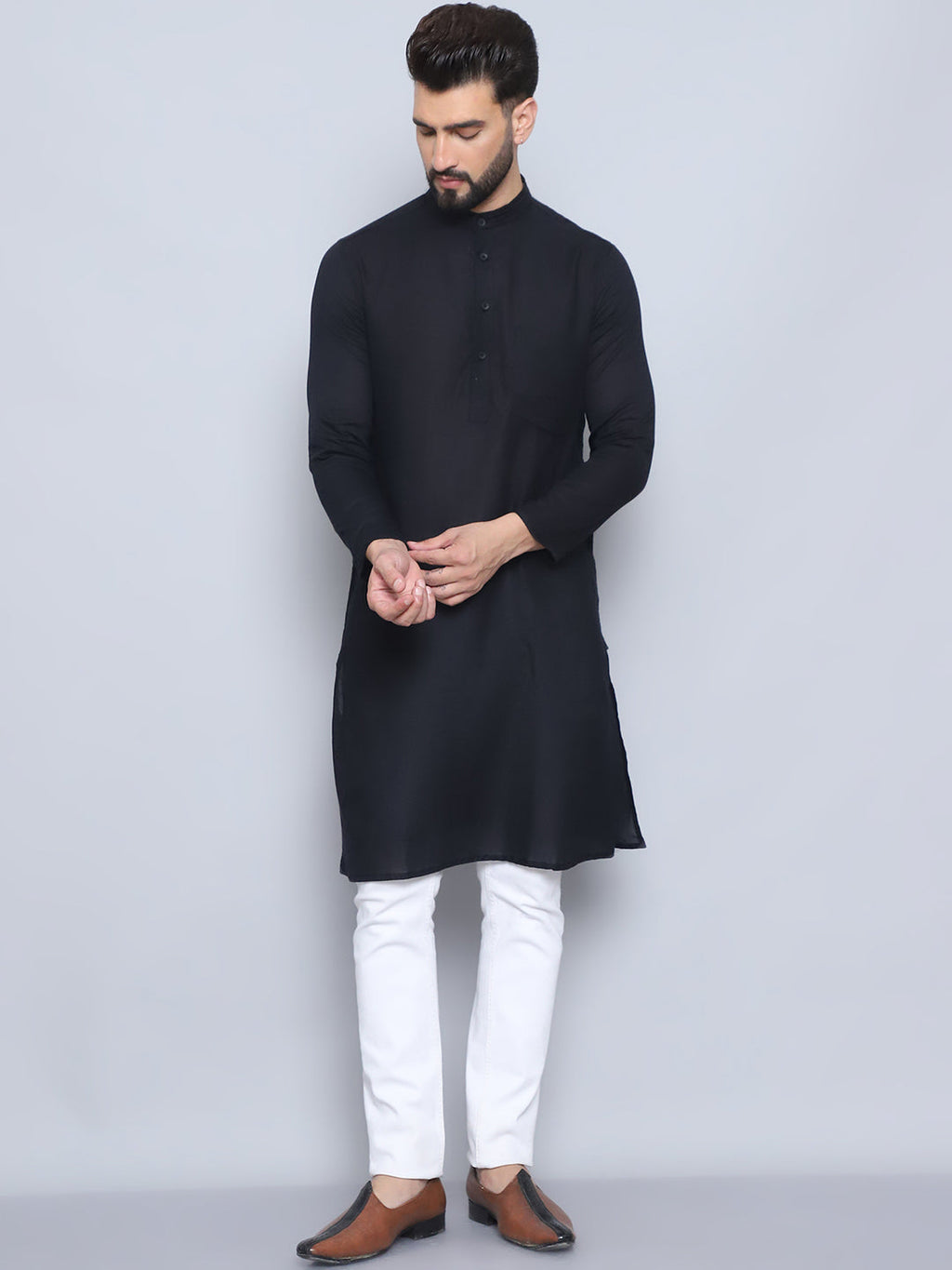 Even Apparels Men's Pure Cotton Black Kurta | Grocsy