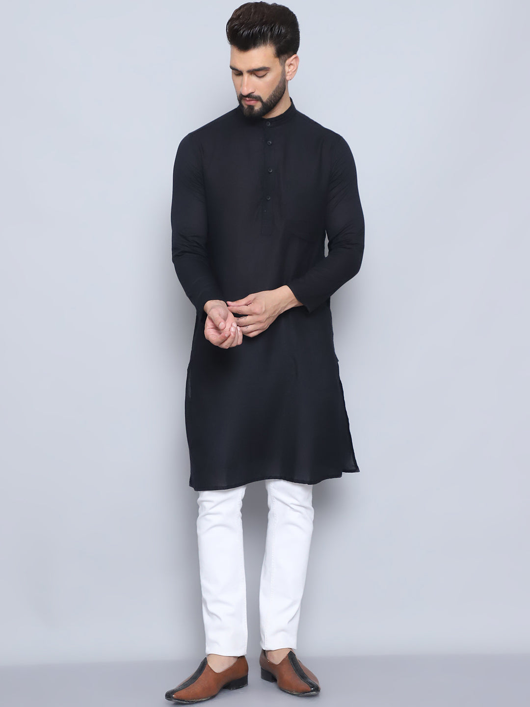Even Apparels Men's Pure Cotton Black Kurta | Grocsy