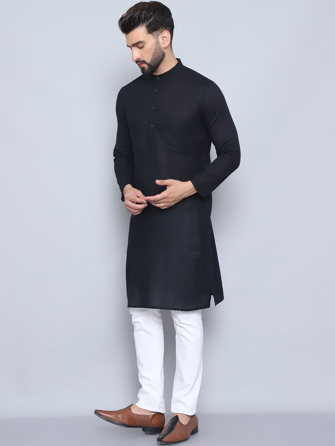 Even Apparels Men's Pure Cotton Black Kurta | Grocsy