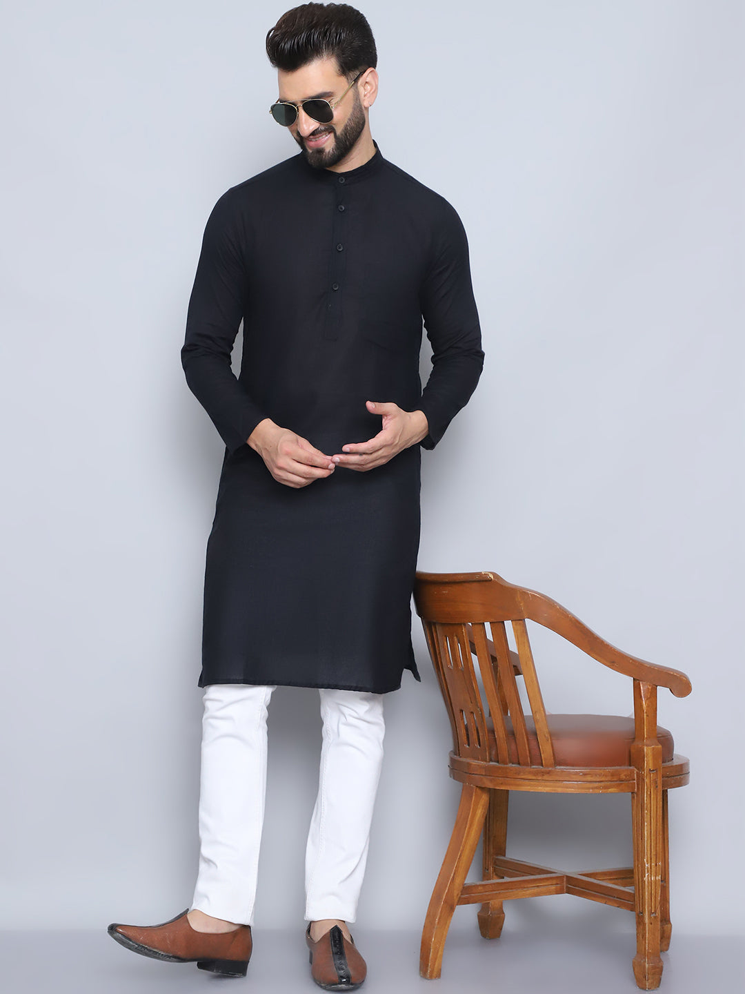 Even Apparels Men's Pure Cotton Black Kurta | Grocsy