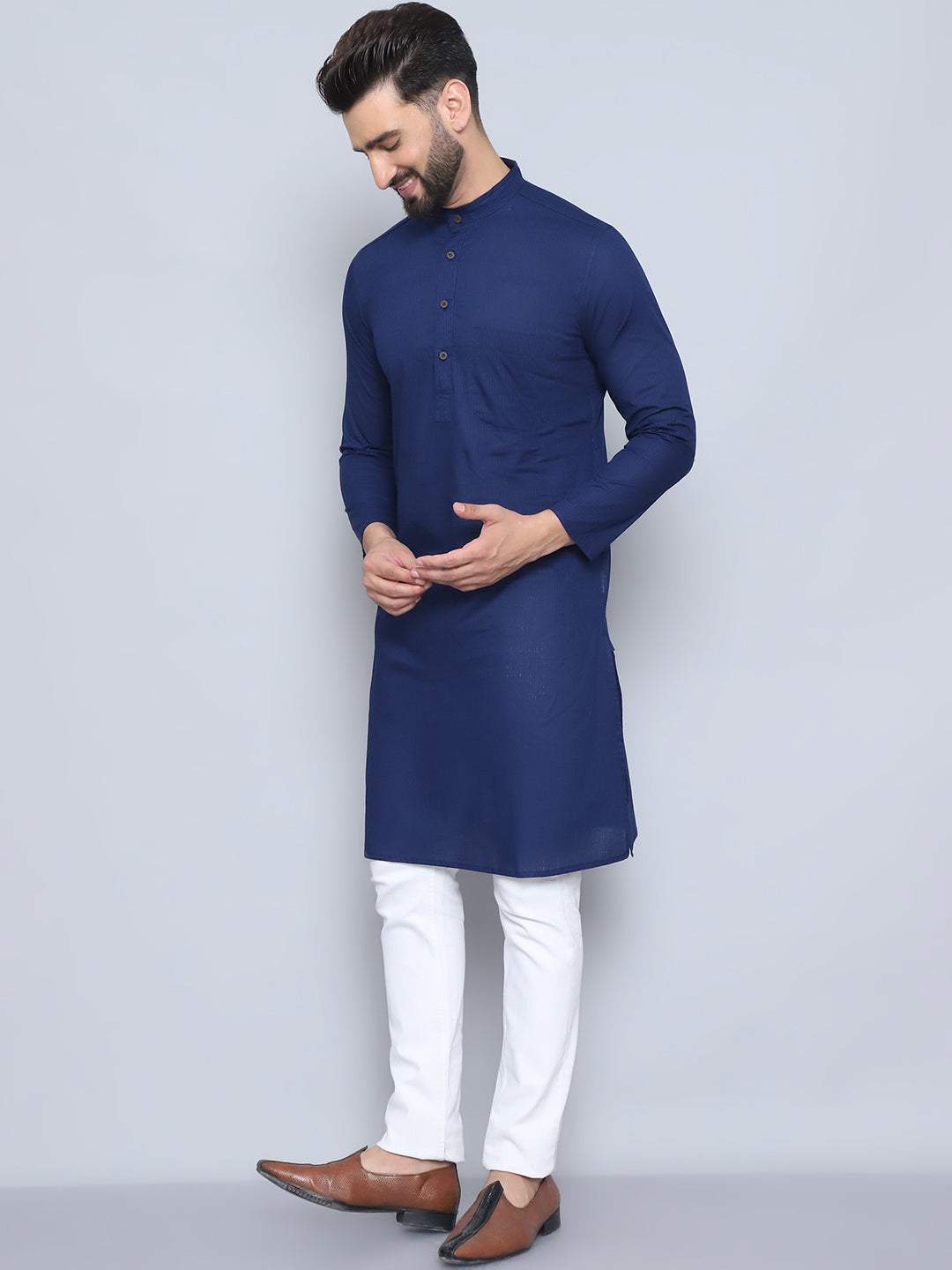 Even Apparels Men's Pure Cotton Blue Kurta | Grocsy