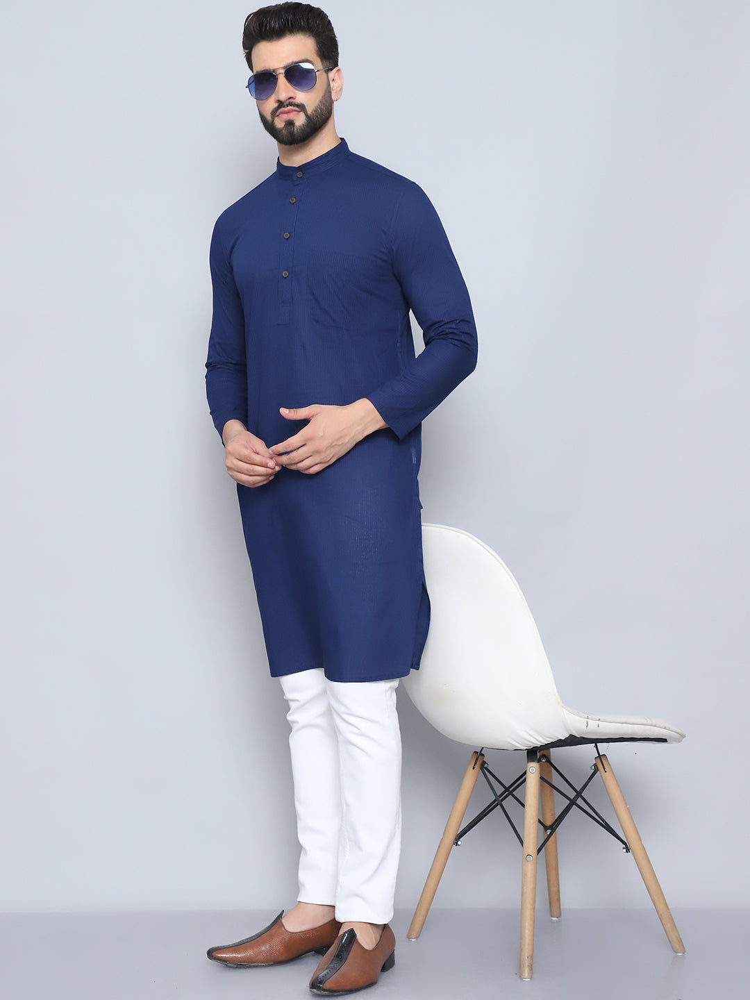 Even Apparels Men's Pure Cotton Blue Kurta | Grocsy