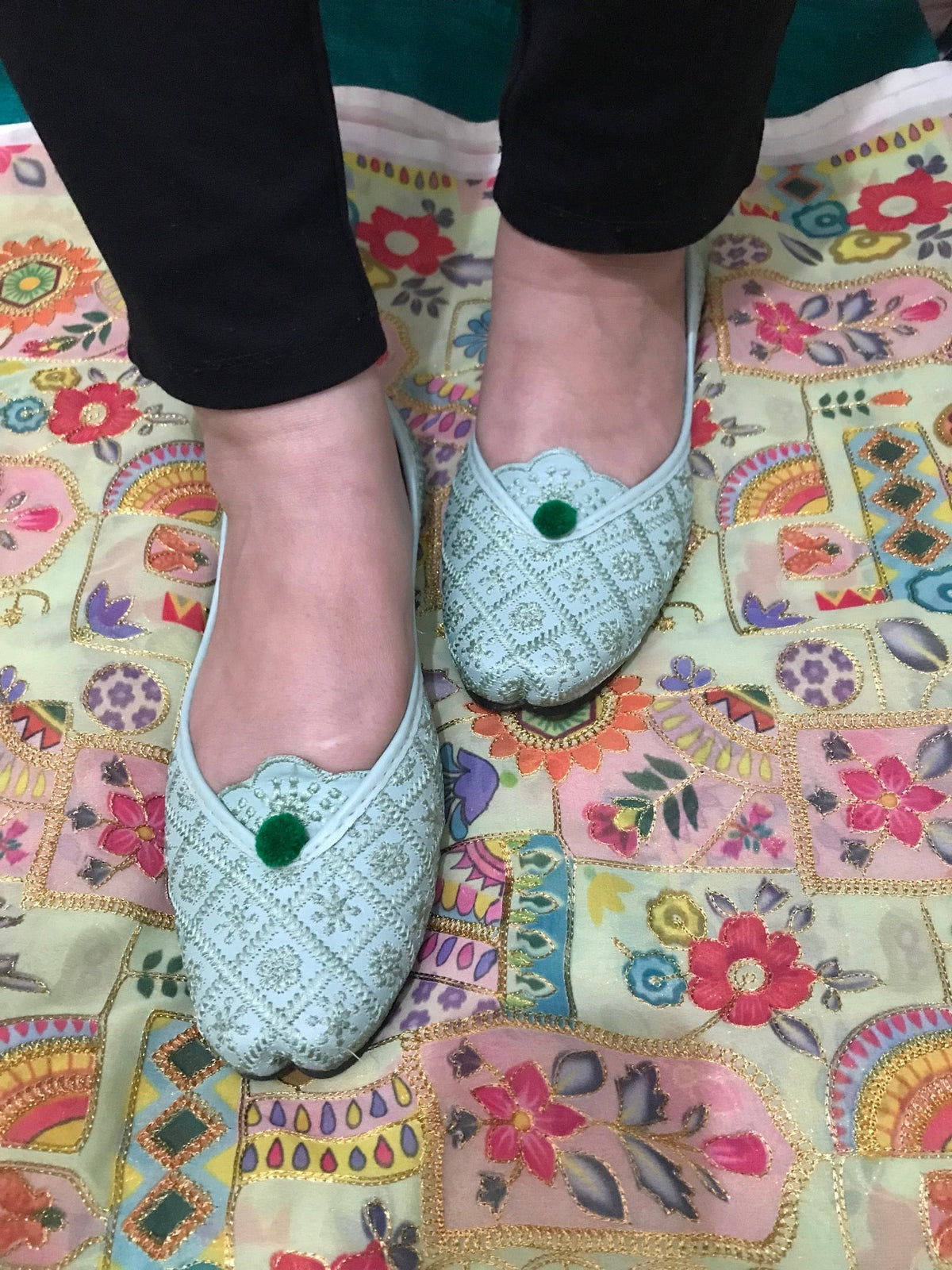 Desi Colour Women Indian Ethnic Footwear-Sea Green Front Flip | Grocsy