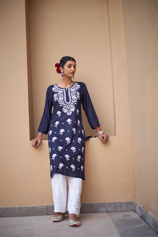 Rangreza Ethnic Chikankari Rayon Kurta Blue | Grocsy