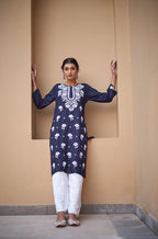 Rangreza Ethnic Chikankari Rayon Kurta Blue | Grocsy