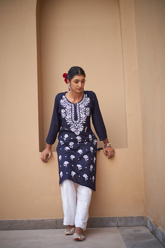 Rangreza Ethnic Chikankari Rayon Kurta Blue | Grocsy