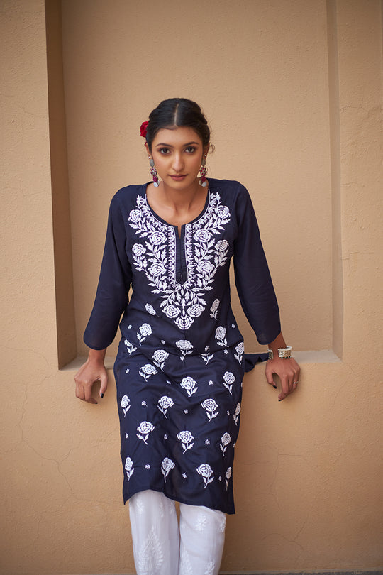 Rangreza Ethnic Chikankari Rayon Kurta Blue | Grocsy
