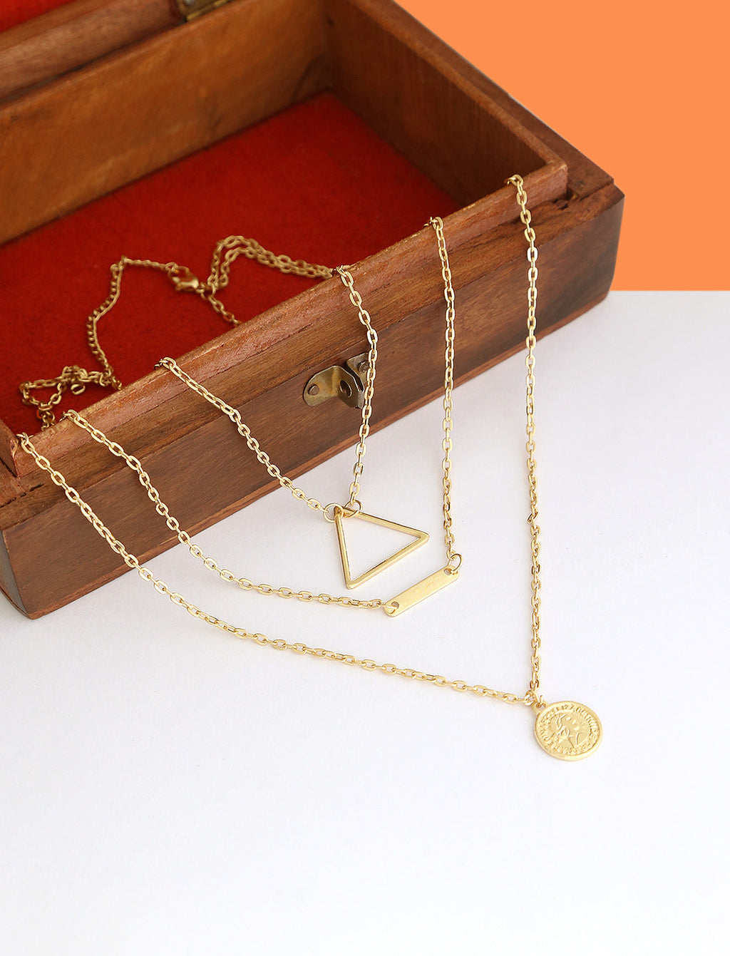 Gold-Polished Alloy Triangle & Coin Charm Necklace - The Pari | Grocsy