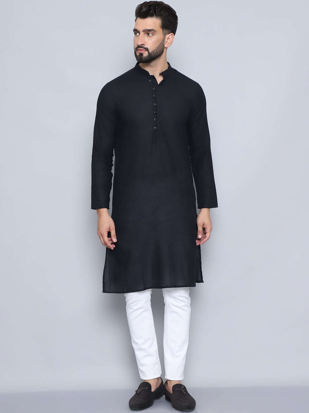 Even Apparels Men's Pure Cotton Black Kurta | Grocsy