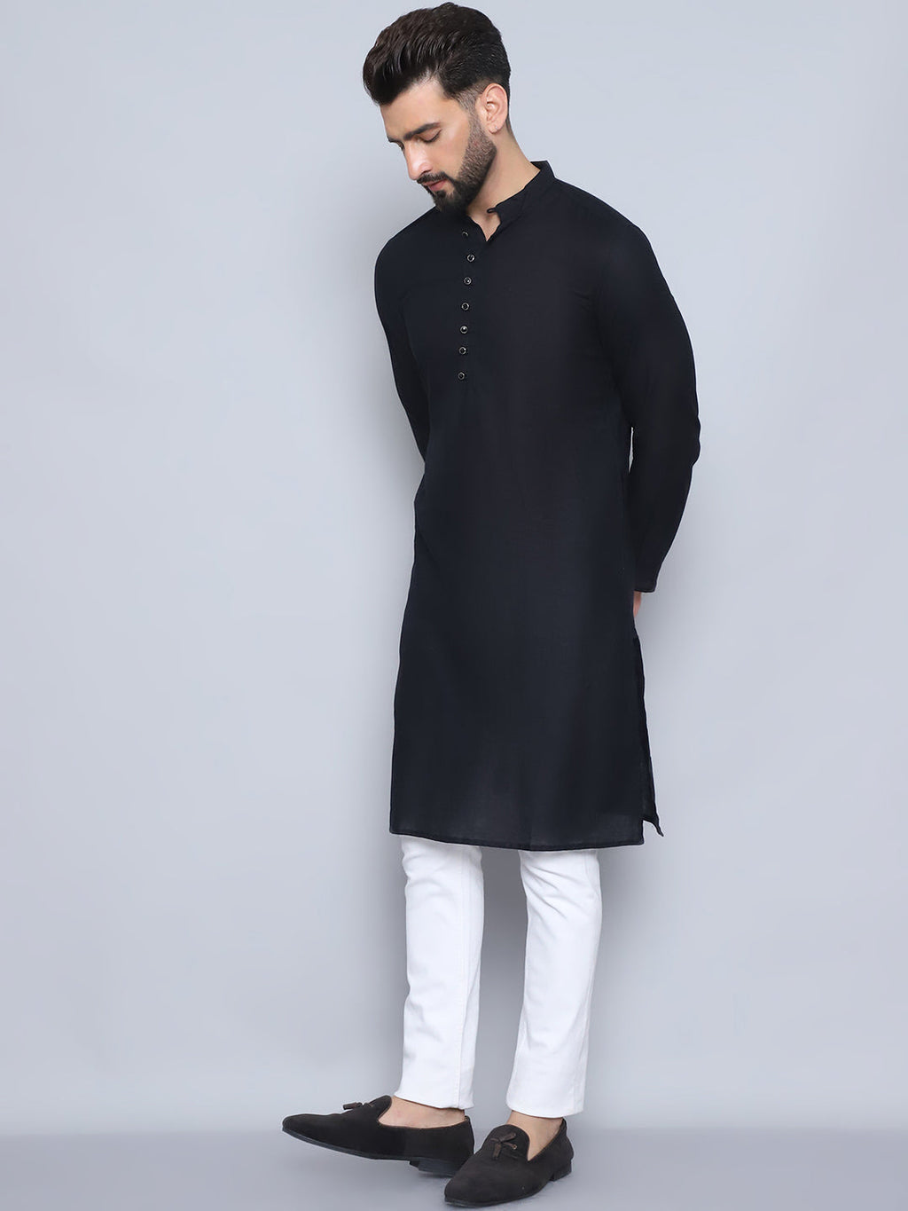 Even Apparels Men's Pure Cotton Black Kurta | Grocsy