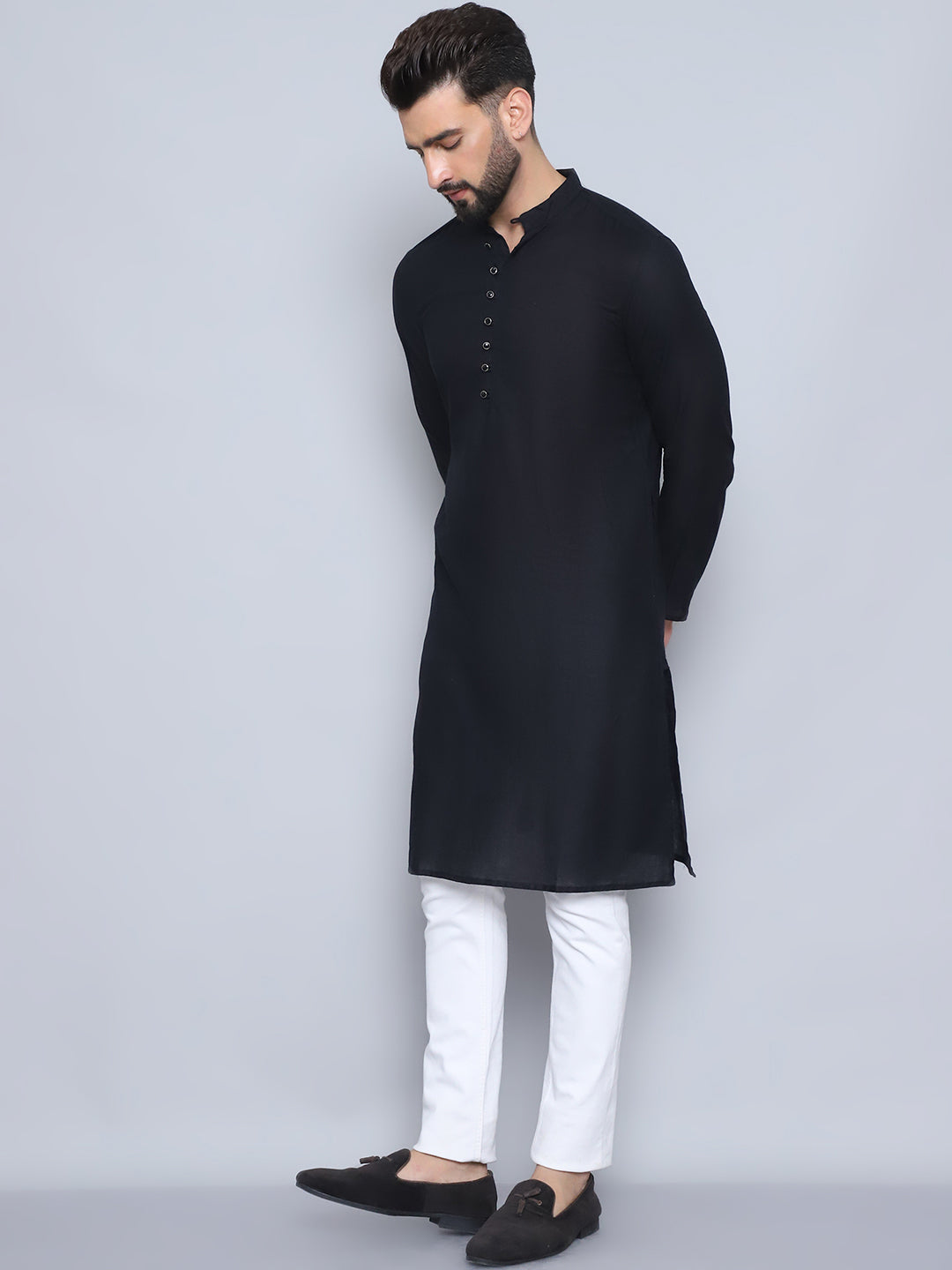 Even Apparels Men's Pure Cotton Black Kurta | Grocsy
