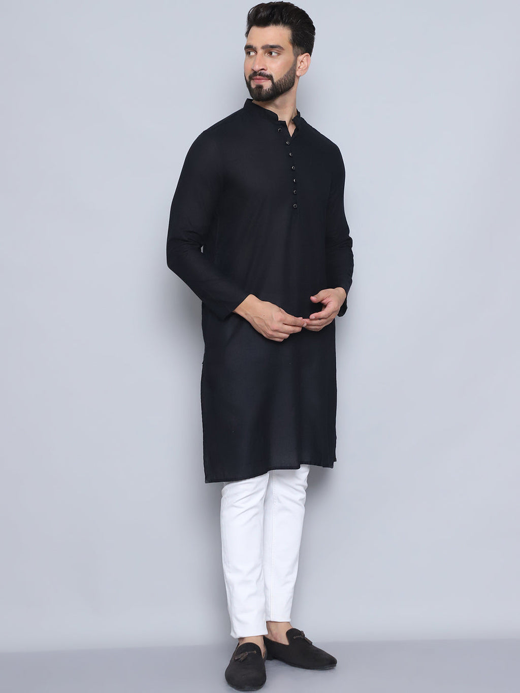 Even Apparels Men's Pure Cotton Black Kurta | Grocsy