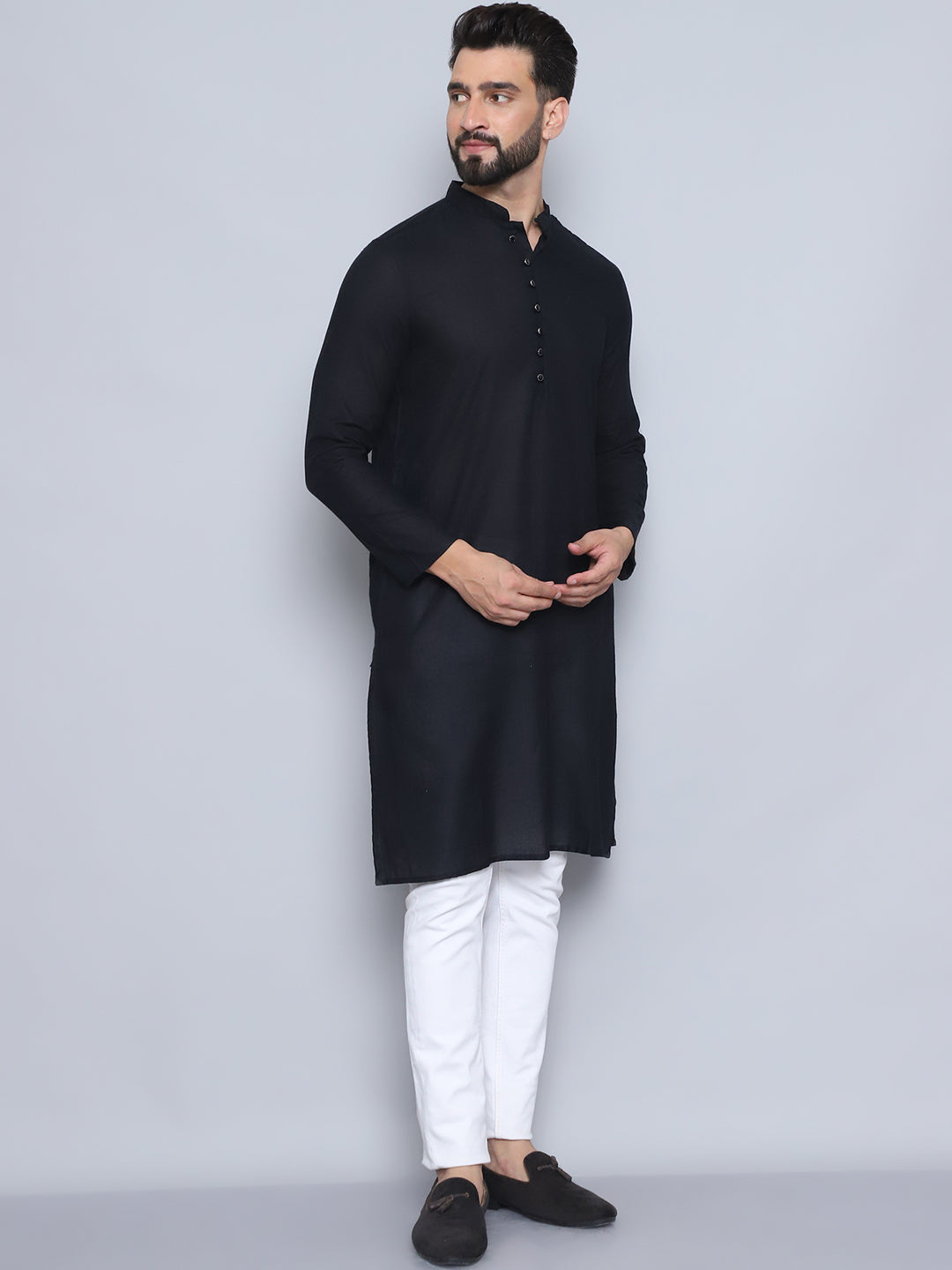 Even Apparels Men's Pure Cotton Black Kurta | Grocsy