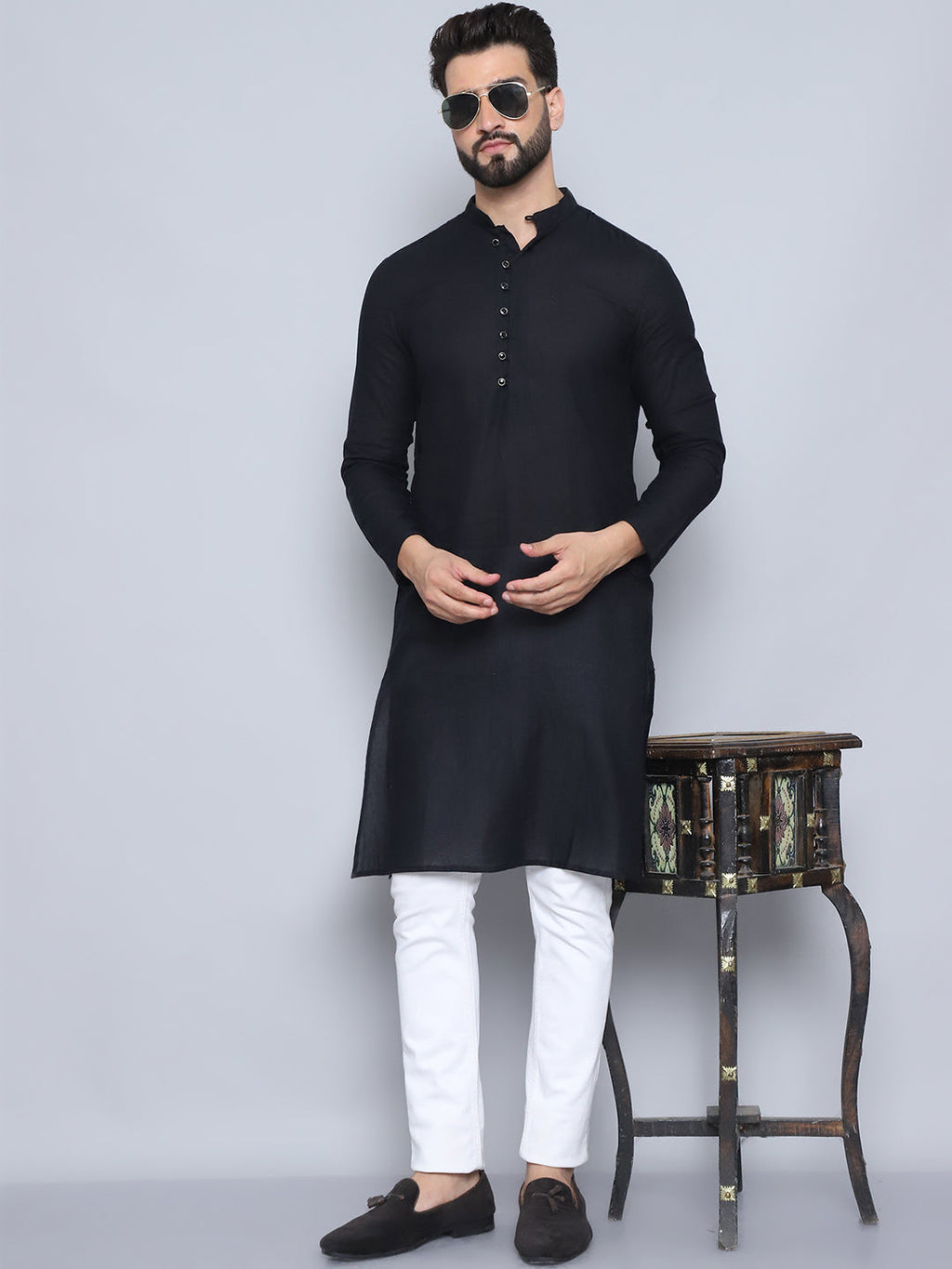 Even Apparels Men's Pure Cotton Black Kurta | Grocsy